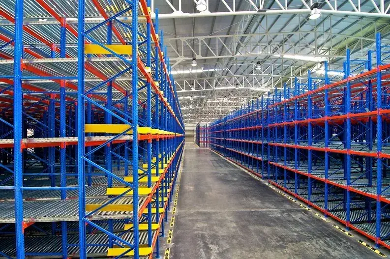 Industrial metal shelving and racking in a warehouse