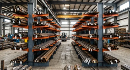 Heavy-duty structural cantilever rack storing pipe, steel, and lumber bundles in a Delaware industrial distributor