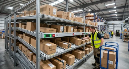 Multi-tier carton flow rack with skate-wheel tracks and warehouse operator picking cases in a Delaware fulfillment center