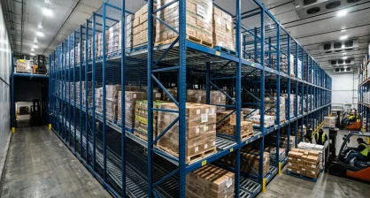 Deep-lane pallet flow rack with gravity rollers in a Delaware refrigerated distribution center