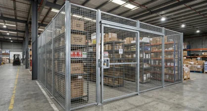 Wire mesh partition system securing inventory in a Delaware warehouse