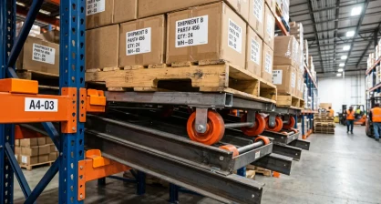 Pushback pallet rack system with nested carts and inclined rails in a Delaware warehouse