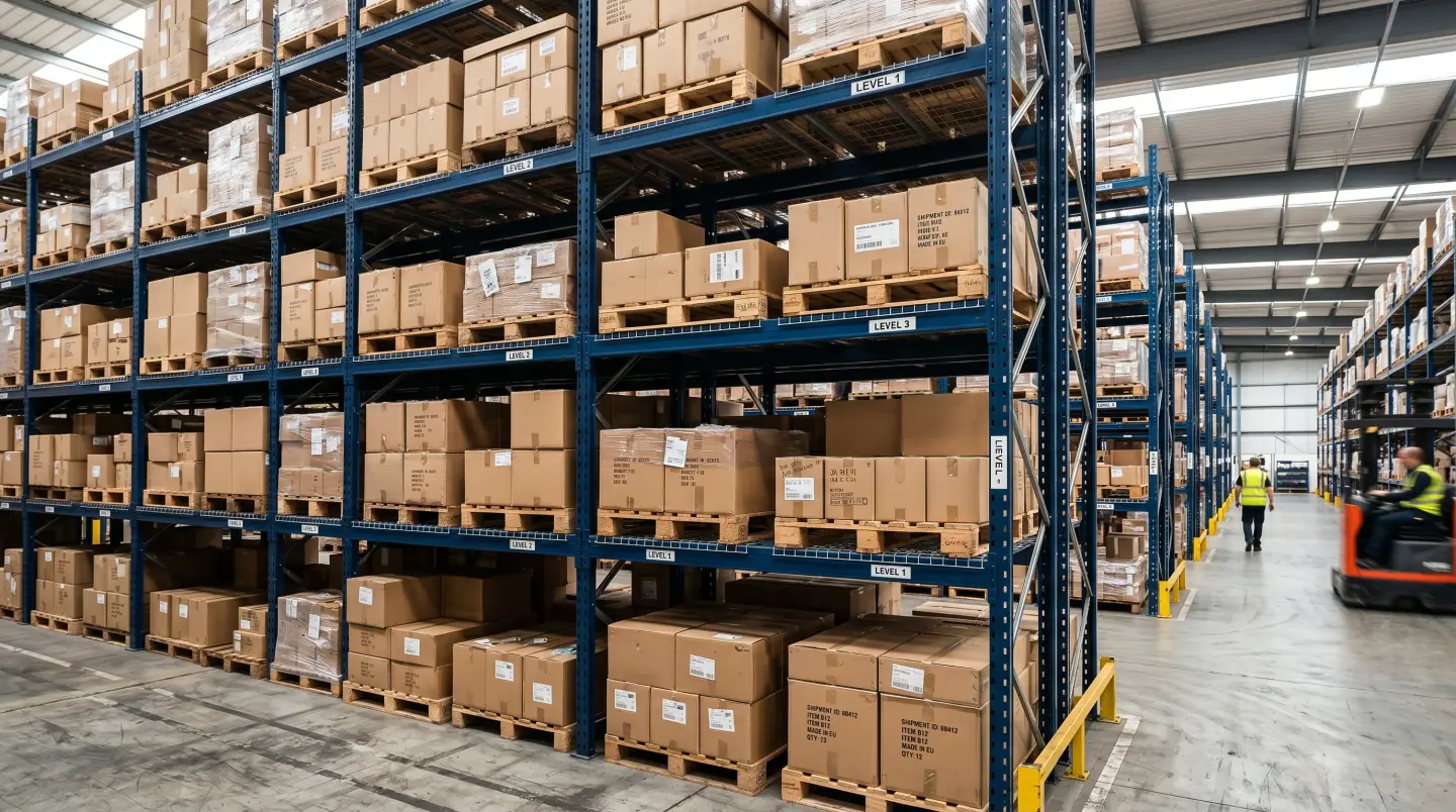 Loaded selective pallet racking bays in a distribution center