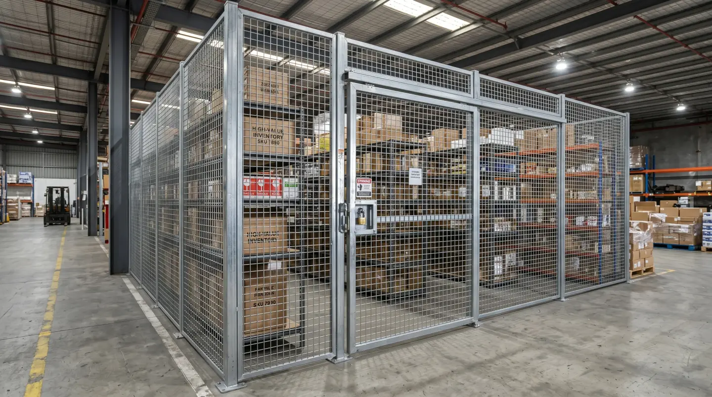 Wire mesh partition system securing inventory in a Delaware warehouse