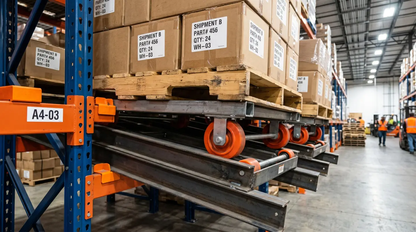 Pushback pallet rack system with nested carts and inclined rails in a Delaware warehouse