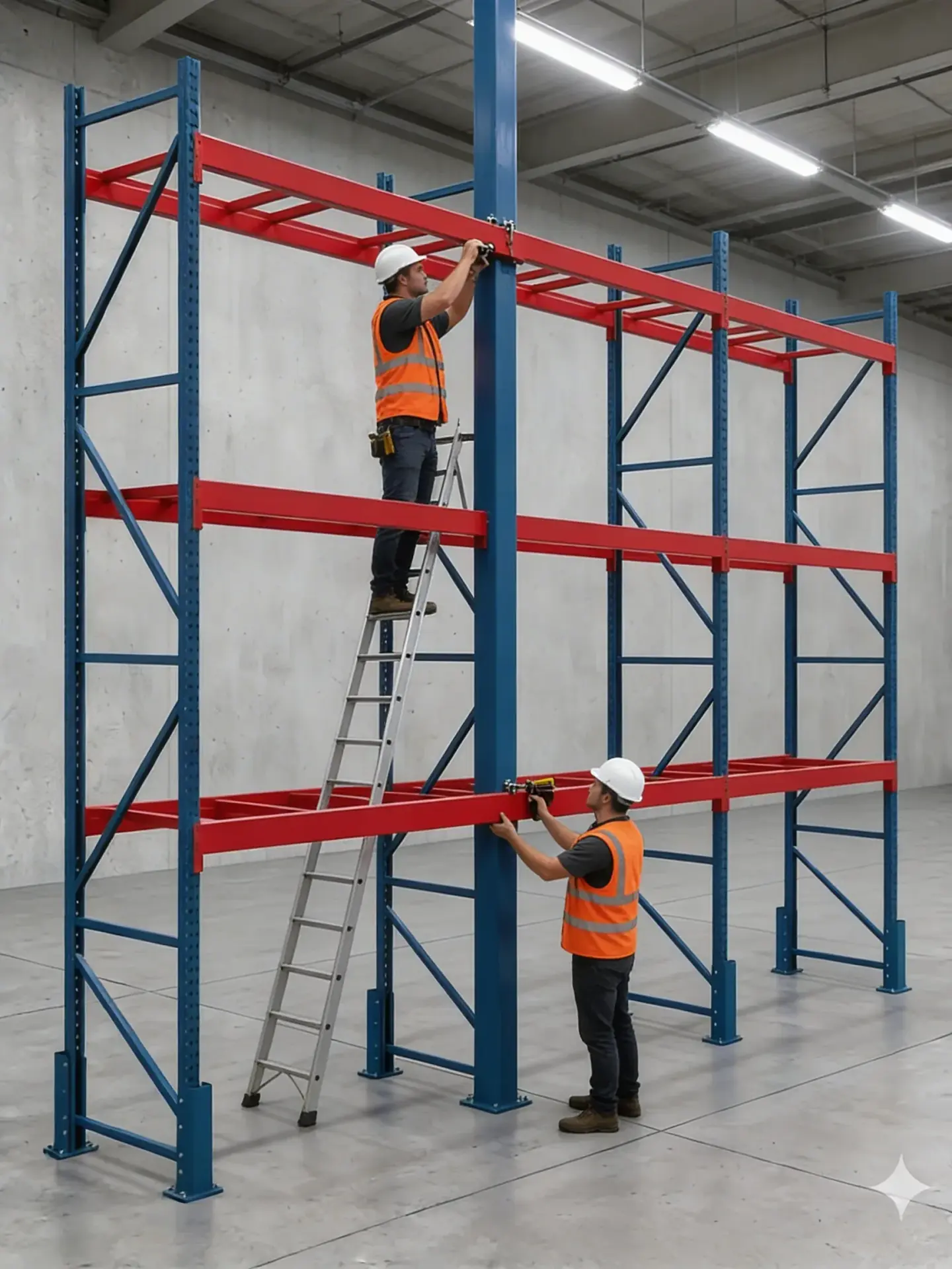 Certified crew installing pallet racking in a Delaware warehouse